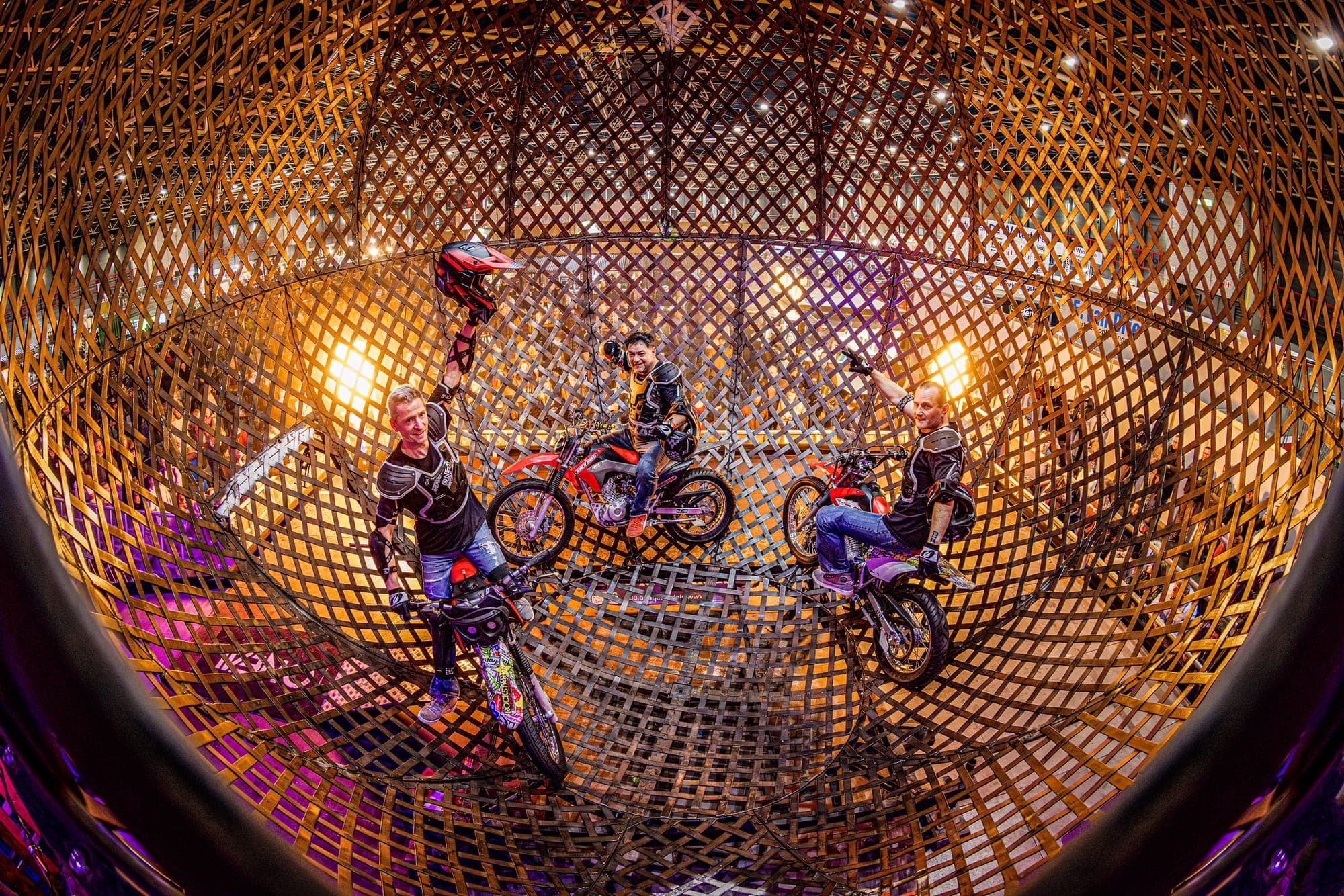 Stunt riders in the round cage at the Motorbeurs, Jaarbeurs Utrecht